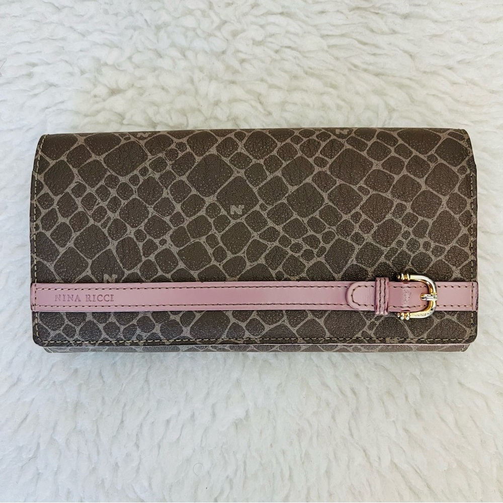 Nina Ricci Bifold w/ kiss lock Brown/ Purple Genuine Leather Long Wallet